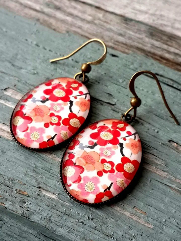 Red flowers earrings dangle, Floral Pattern cabochon dangle earrings