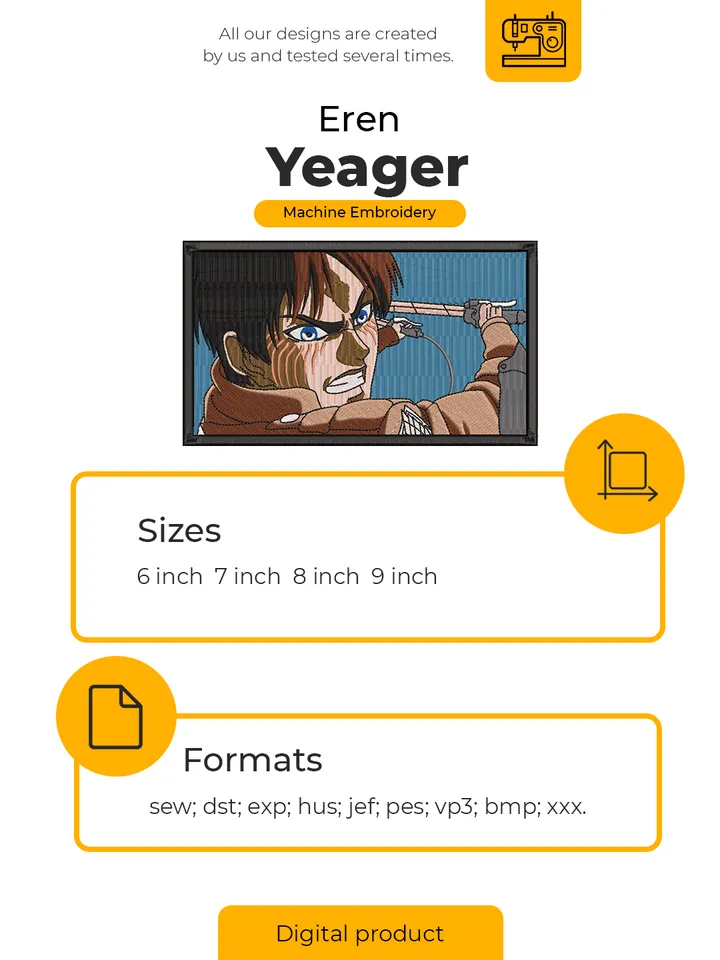 Eren Yeager Embroidery Design File/ Attack on Titan Anime Embroidery Design/ Machine Design. Swoosh