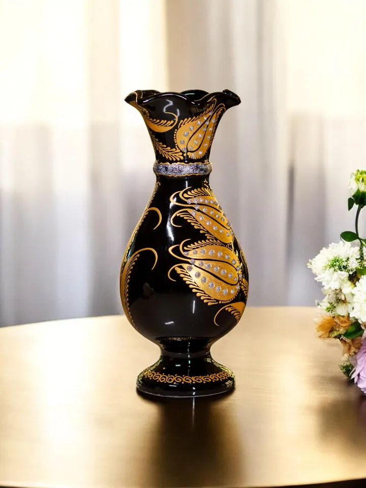 Vase For Flowers | Hand-Embellished Floral Design | Stylish Contemporary Home Decor | Decorative Black Flower Holder