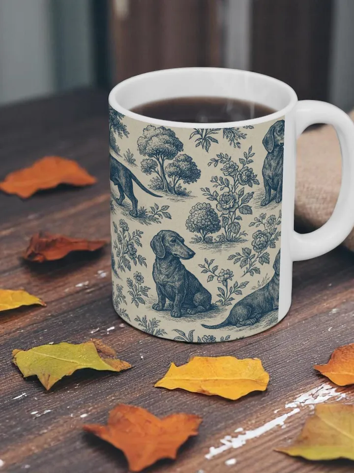 Dachshund French Toile de Jouy Ceramic Mug, Toile Coffee Cup for Doxie Mom, Sausage Dog Lover Gifts, Dog Tea Drinkware, Gift For Dog Lovers