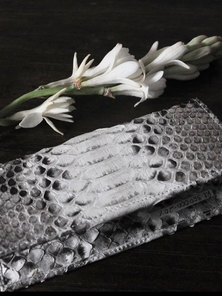 Genuine python skin flat unisex gray uncolored wallet / small money reptile purse / exotic leather snakeprint / cardholder gift idea