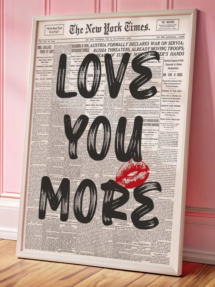 Love You More Newspaper Print, Trendy Wall Art, Retro Bedroom Poster, Chic Apartment Aesthetic, Printable Wall Art, Digital Prints Black