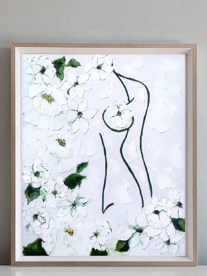 WOMAN Painting White Original Art Impasto Oil Painting Oil Figurative Flowers Art Body 24 by 20 in by ArtProkopaloSv