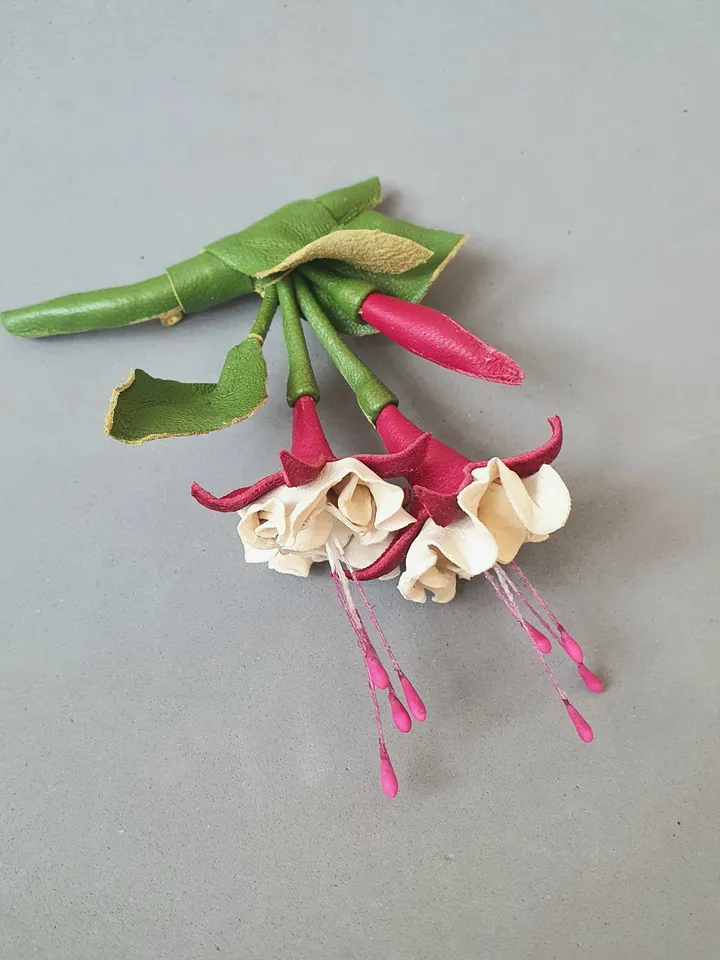 Fuchsia leather brooch 3rd anniversary gift for wife, Leather women's jewelry