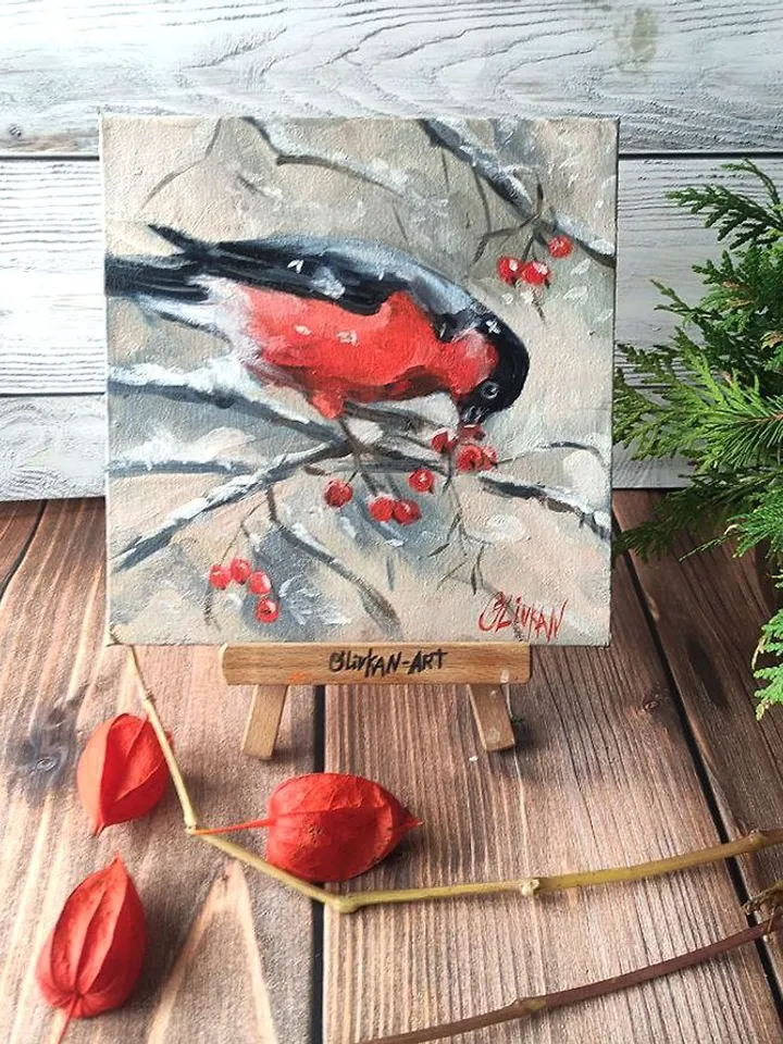 Bullfinch Art Bird Original Oil Artwork Bird Painting OlivKan