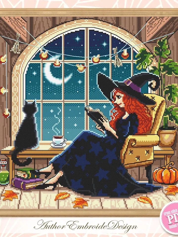 Reading witch cross stitch pattern PDF download Witch home cross stitch chart, Halloween witch pattern digital PDF, Cozy fall window #H88