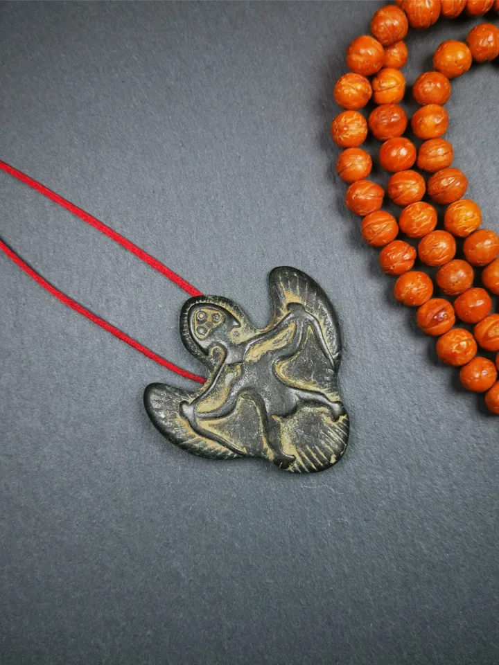 Gandhanra Antique Tibetan Buddhist Amulet Pendant,Garuda,Garula,Suparna,Golden-winged Bird,Made of Thokcha,1.93"
