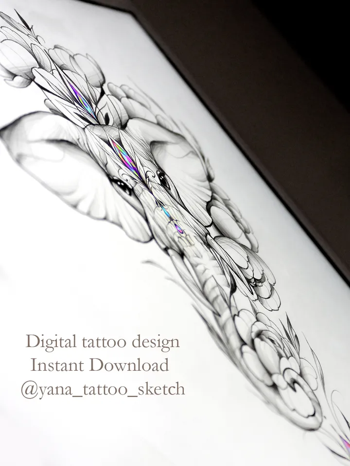 Elephant Tattoo Design With Flowers Head Elephant Tattoo Idea Stencil Sketch, Instant download PDF, JPG