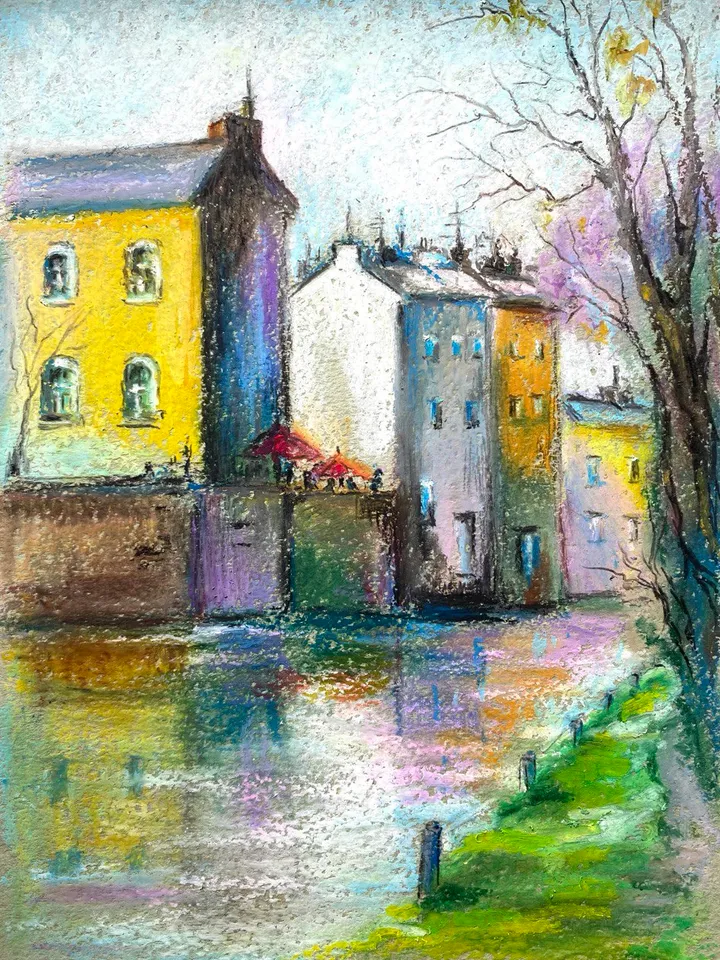 Town painting Oil pastel painting City street landscape Riverside art