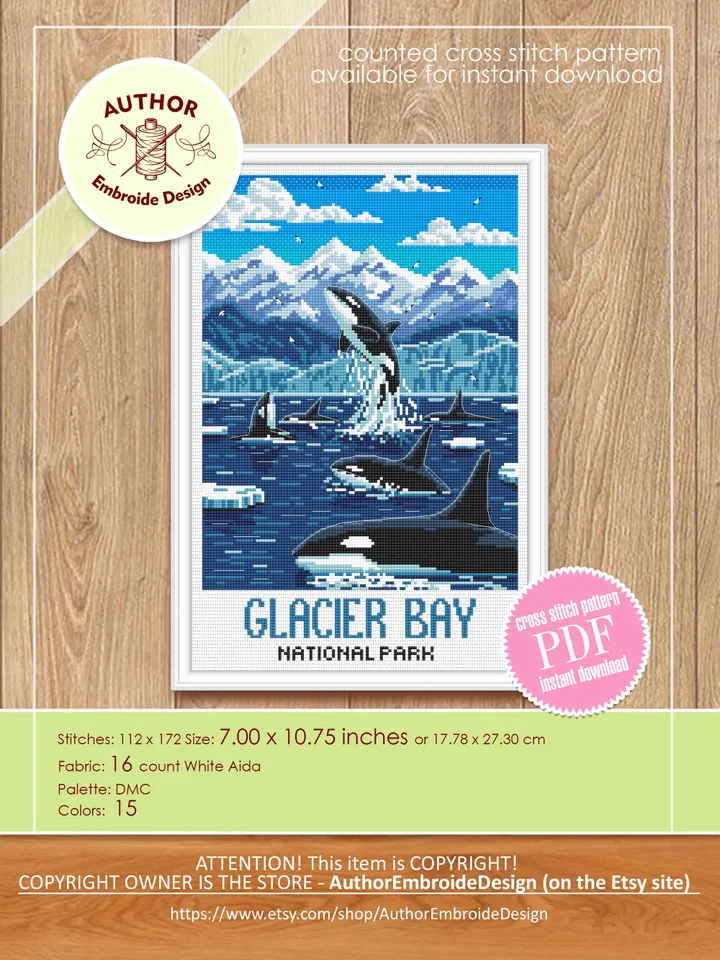 Glacier Bay National Park cross stitch pattern PDF download Killer whale cross stitch chart, Splashing Orcas in Alaska, Travel poster #L102