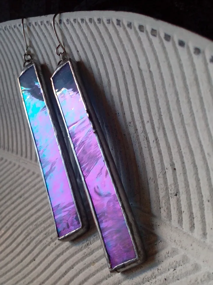 Iridescent stained glass blue earrings, cute rectangle earrings, dichroic earrings, duochrome earrings