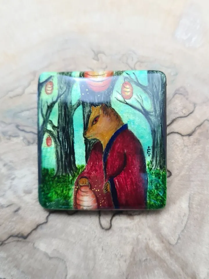 Kitsune brooch, real oil painting miniature on mother of pearl. Kitsune fox pin