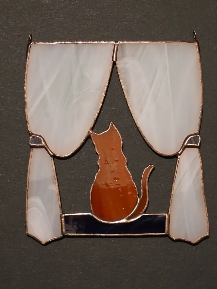 Orange Cat in the Window Stained glass window hanging Suncatcher . Gift for animal lover , pet loss memorial . ginger