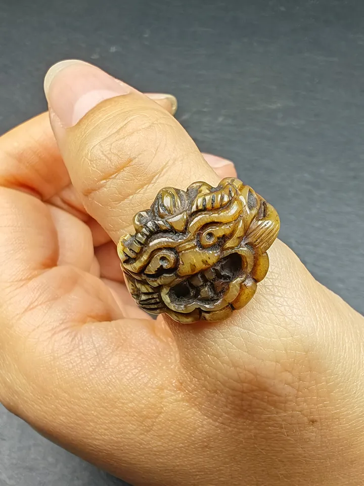 ONLY ONE - Gandhanra Hand Carved Tibetan Yak Bone Ring, Snow Lion Pattern,US Size 7.5,Inner Diameter 17.75mm