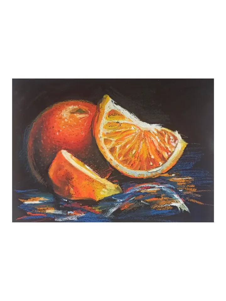Oil pastel drawing, Still life, Three oranges, original graphics on A4 kraft paper