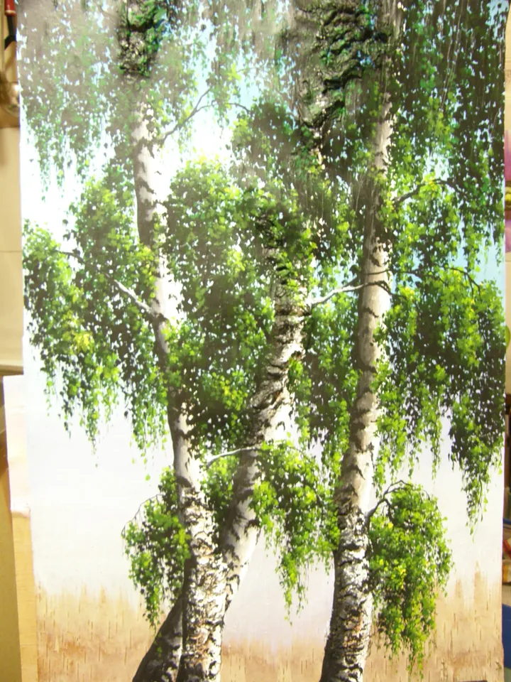 Painting "Birches on birch bark". (30*40 cm, acrylic, birch bark)