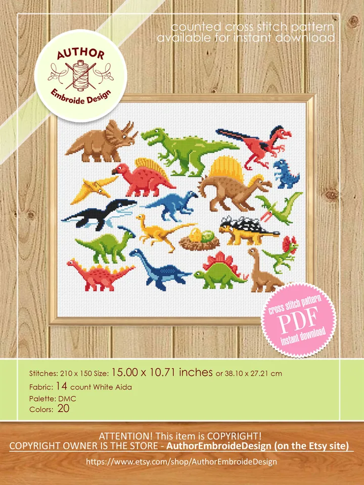Baby dinosaur cross stitch pattern PDF download Dinosaurs sampler cross stitch chart, Small dinosaur pattern digital PDF Dinosaur gifts #K41