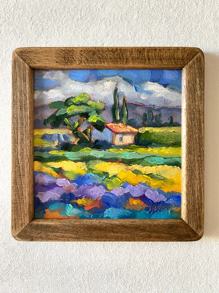 Lavender Fields Painting Tuscany Original Art Landscape Oil Painting Impasto Small Artwork 6x6 Tuscan Serenity Painting Wild Flowers