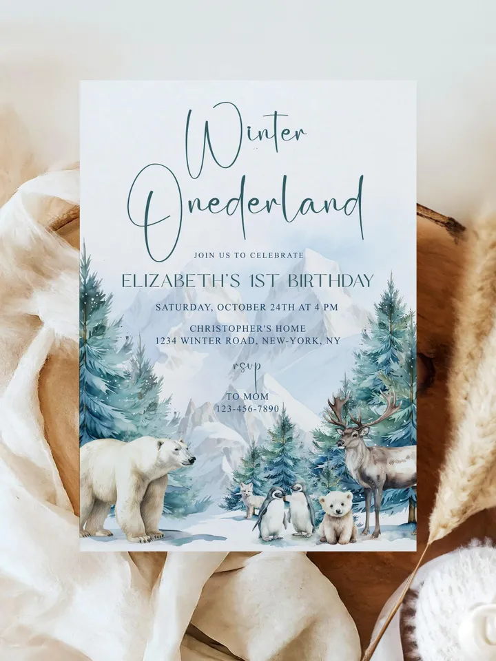 Winter Onederland 1st Birthday Invitation, Snow Woodland 1st Birthday Invite, Winter Onederland, Printable 1st Birthday Invitation - I132