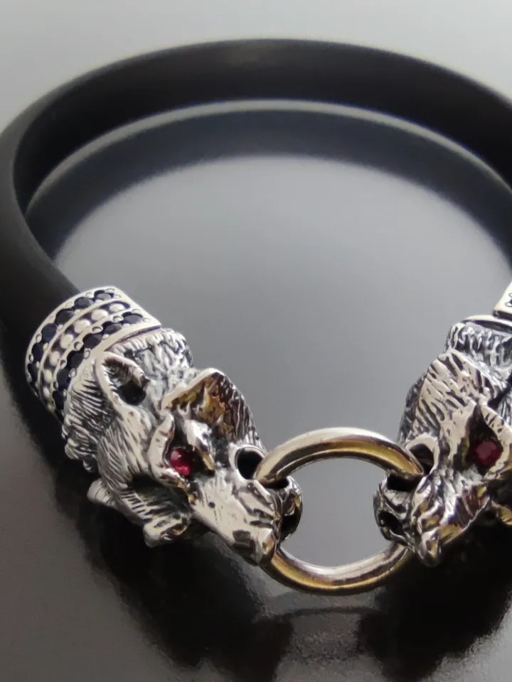Luxurious bracelet Wolves - inlaid with natural sapphires, rubies