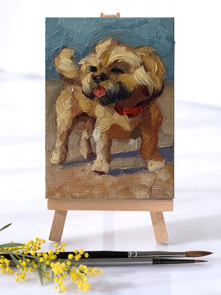Dog oil painting original, Pet portrait artwork, Animal miniature wall art 4x6