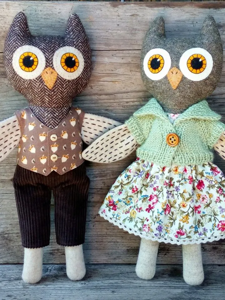 Owl boy, textile plush doll, handmade wool owl, stuffed bird toy