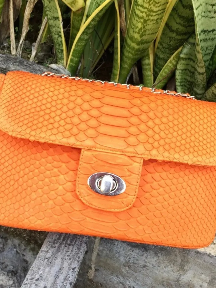 Genuine python skin maxi crossbody orange bag, summer big chain crossbody, elegant classy crossbody bag genuine leather summer | snakeskin