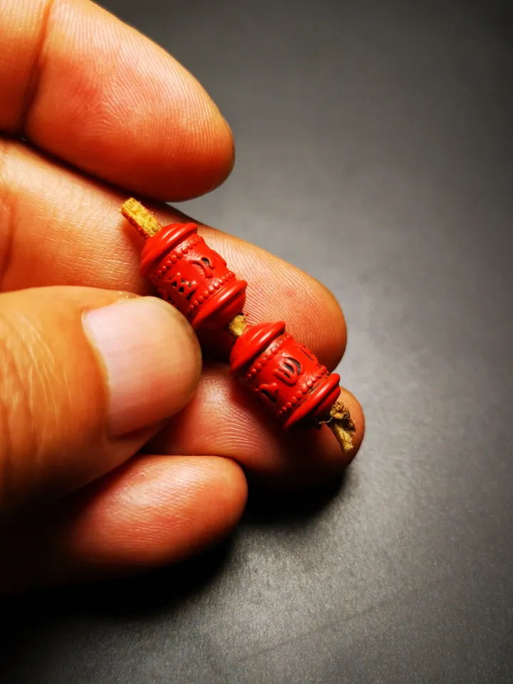 Gandhanra Handmade Antique Tibetan Amulet,Mini Prayer Wheel Bead Pendant for Mala,Made of Cinnabar