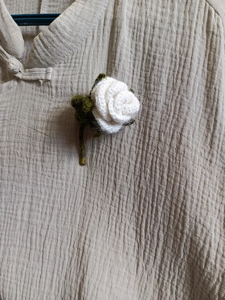 Crocheted Mohair Rose Brooch in White