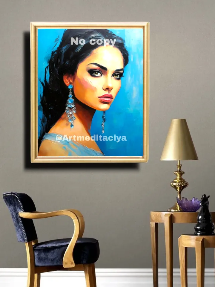 The digital abstract modern painting "Girl" in the style of oil painting on a blue background is a concise image of a beautiful brunette of European appearance with expressive green eyes and earrings with blue stones