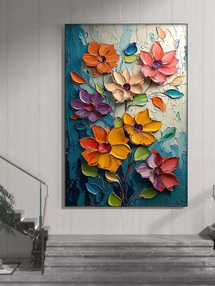 Large Impasto Floral Painting, Textured 3D Flower Artwork, Colorful Original Art, Wall Art Decor, Modern Abstract Flowers,Home Office Decor