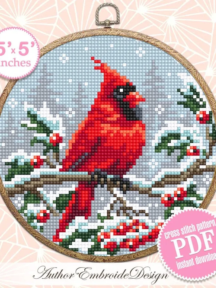 Christmas cardinal cross stitch pattern PDF download Red bird cross stitch chart, Christmas pattern digital PDF, Cardinal embroidery #N161