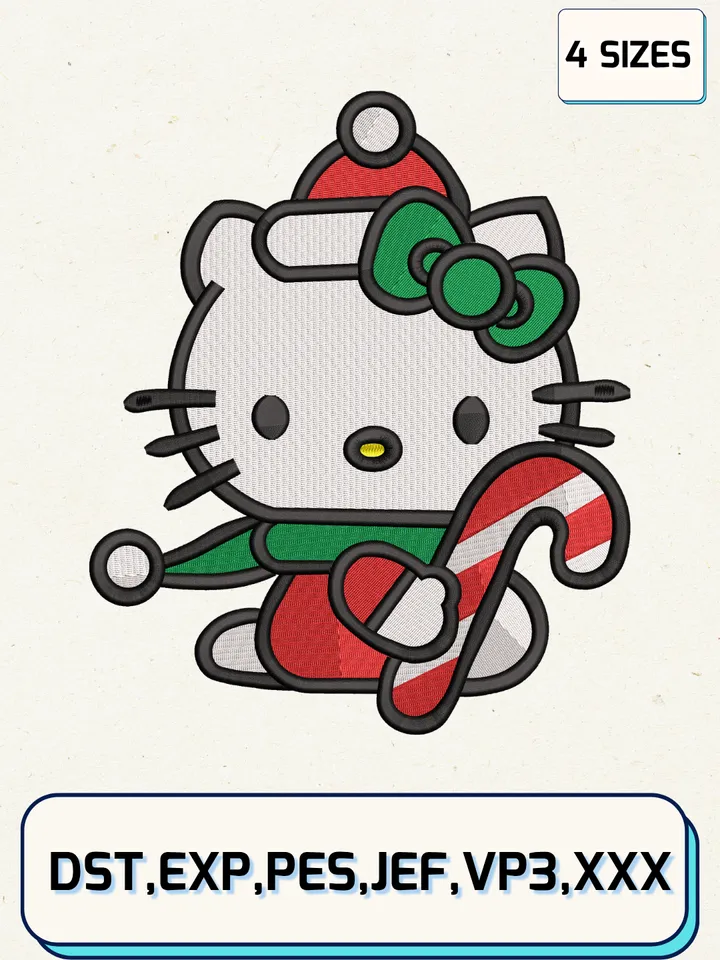 Hello Kitty Holding Candy Cane Embroidery Design,Christmas Embroidery Designs,Machine Embroidery Files,Hello Kitty Embroidery Design,4 sizes
