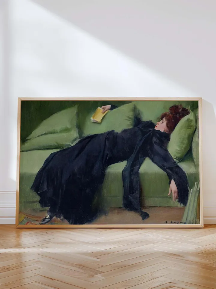 Decadent young woman after the dance Gift for friend Emerald green art Moody vintage portrait Ramon Casas Above sofa art Digital Art print