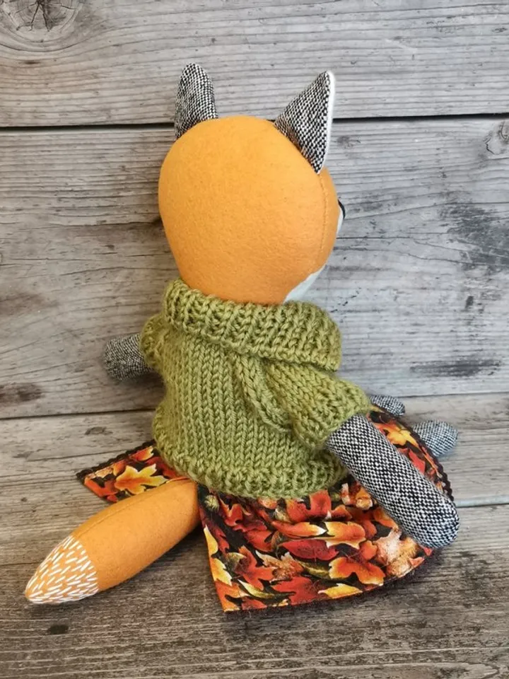 Orange fox girl, handmade stuffed wool doll, textile plush fox, fabric animal doll