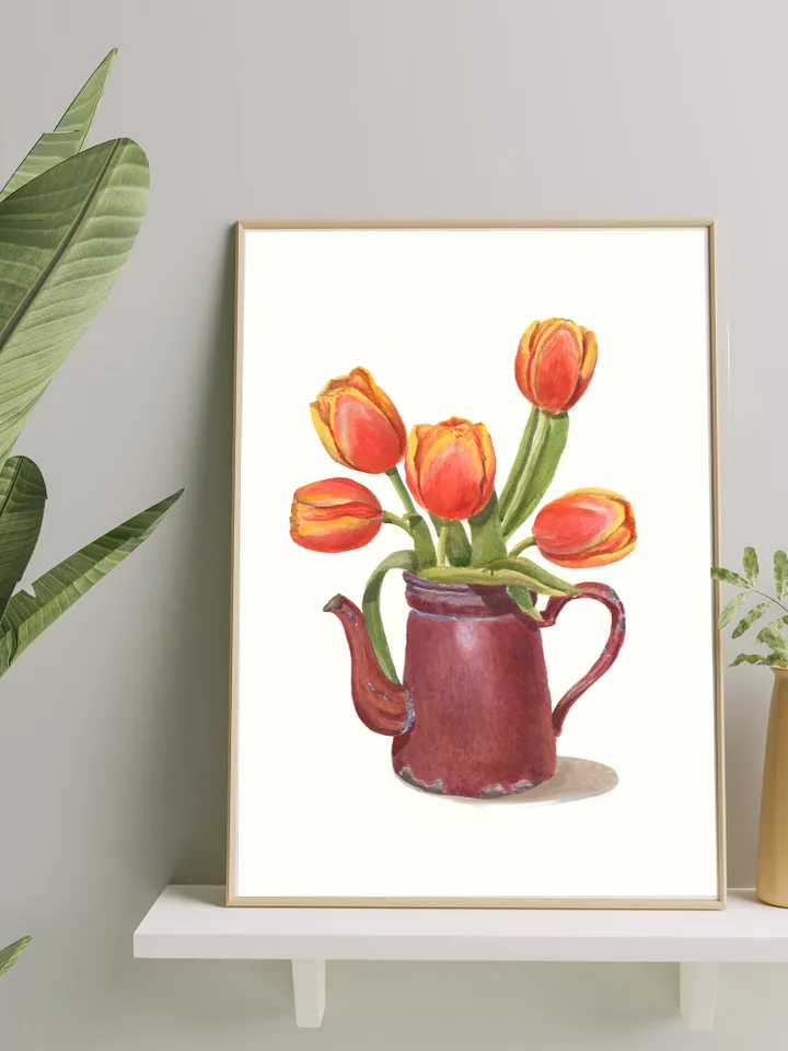 Tulip Painting Watercolor Vintage Still Life Painting Tea Lovers Watercolor Print Floral Tulip Wall Art Farmhouse Painting Red Floral Art t