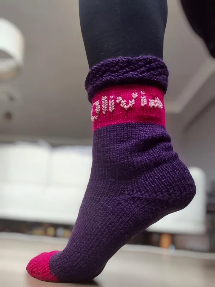 Personalized Hand-Knitted Socks ā Custom Name Embroidery, Warm and Cozy, Purple Wool Socks, Winter Socks , Knit Wool Socks