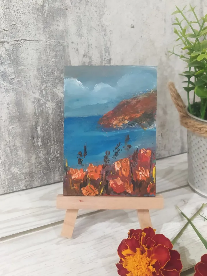 ACEO 6 Seascape with orange flowers, 2.5*3.5 inches (6.5*9 cm)