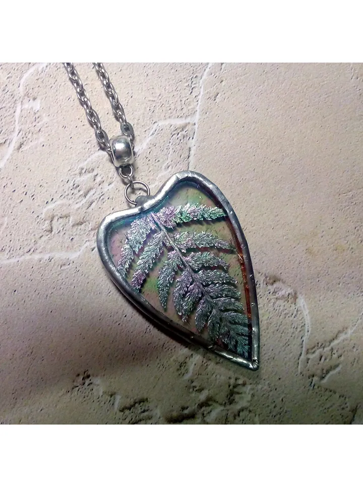 Valentine necklace, Iridescent Stained glass heart necklace, heart with pressed dry fern necklace terrarium