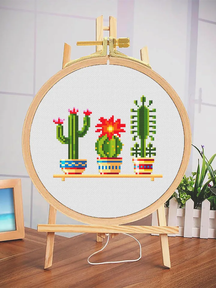 Cactus plant cross stitch pattern PDF download, Easy small cross stitch chart, Floral cross stitch sampler, Blooming cactus embroidery #P23