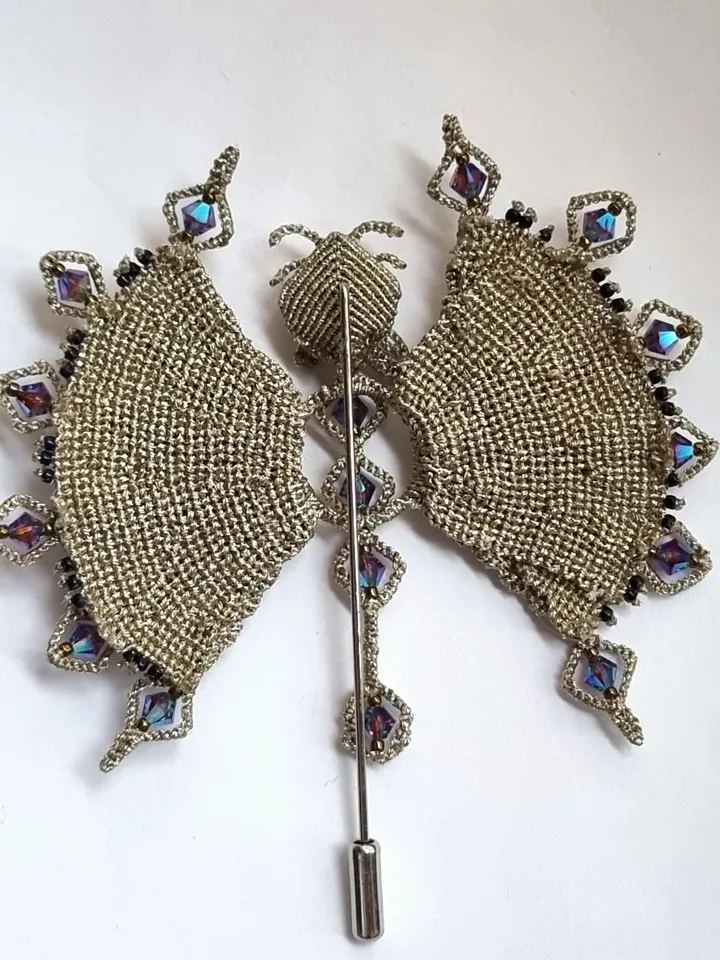 Elegant Bronze Dragon Micro-Macramé Brooch with Swarovski Crystals