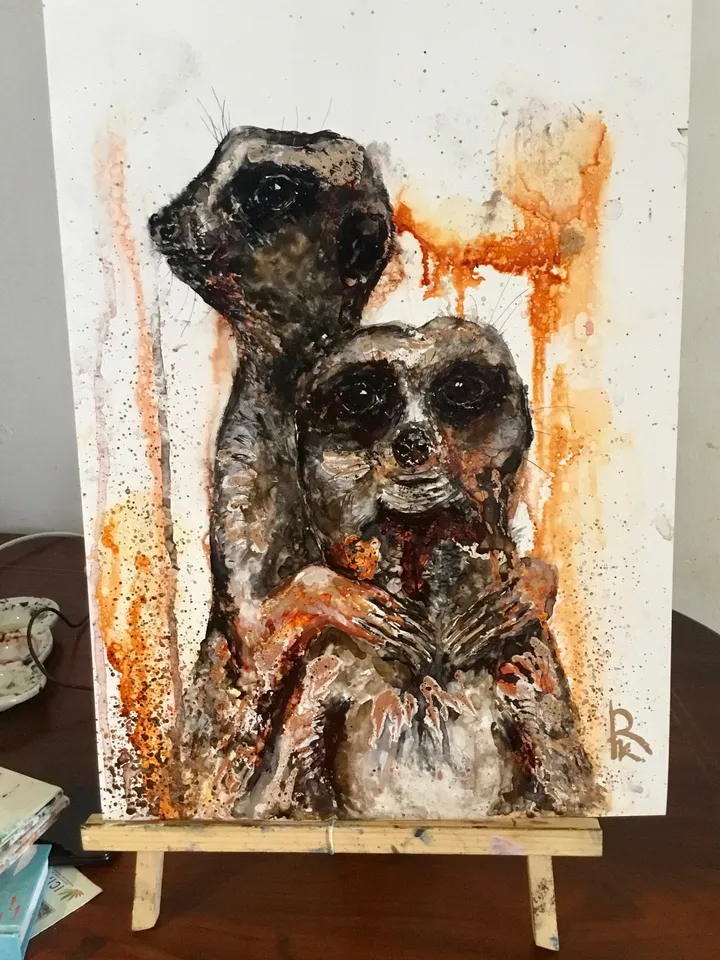 Couple of meerkats,original mix media painting on yupo paper,alcohol inks and watercolour painting,wall decoration,unique gift.