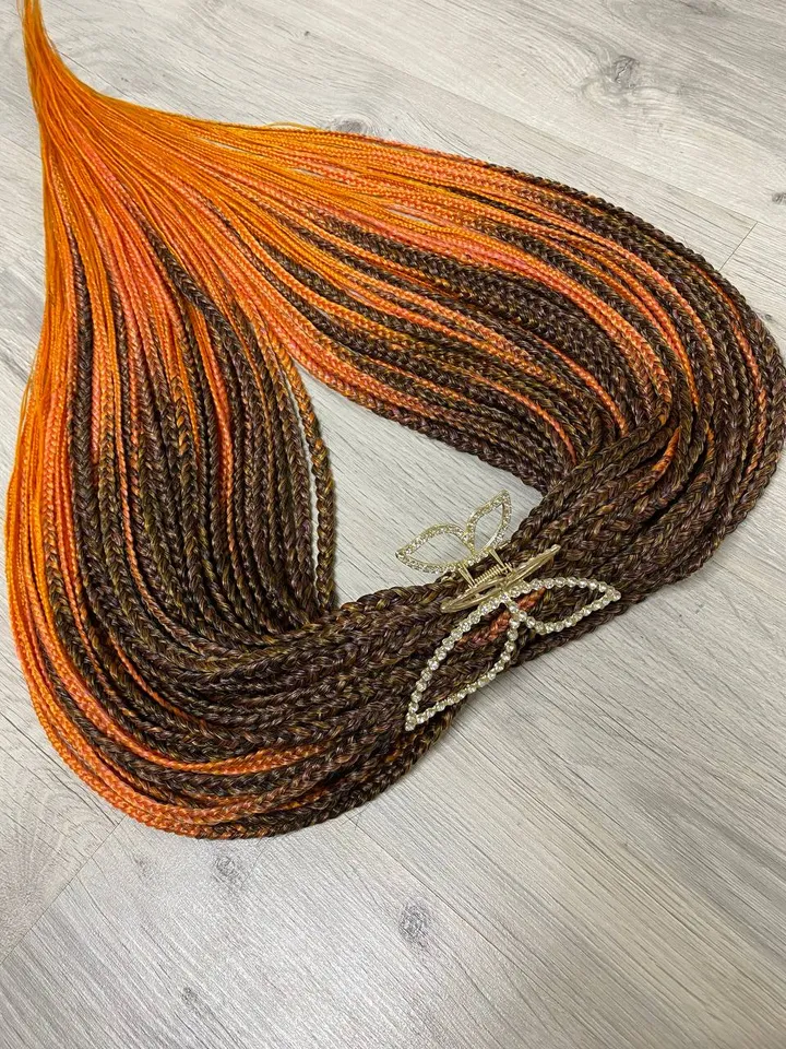 Ombre synthetic Braids brown to orange with loose ends, Double ended synthetic dreadlocks. DE hair extensions.