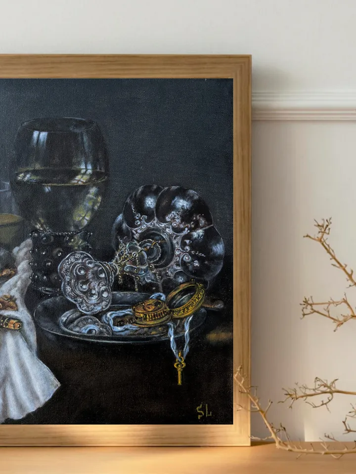 Oil Painting Still Life with Wine Glass, Pie and Antique Clock Original Art 16x12 inches