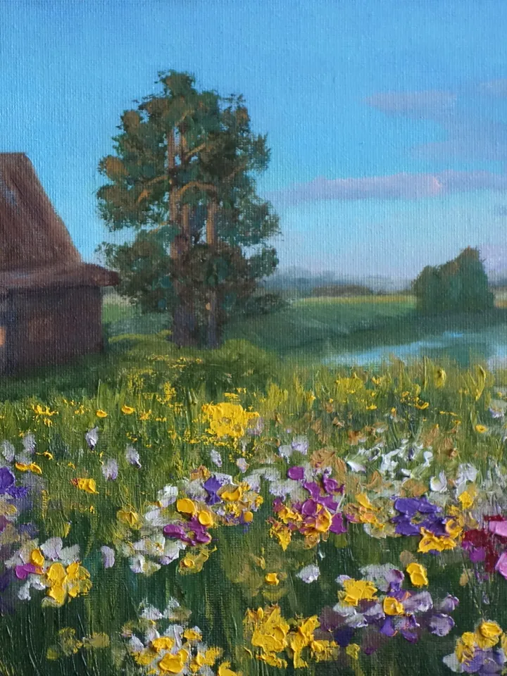 Oil painting summer Landscape Church