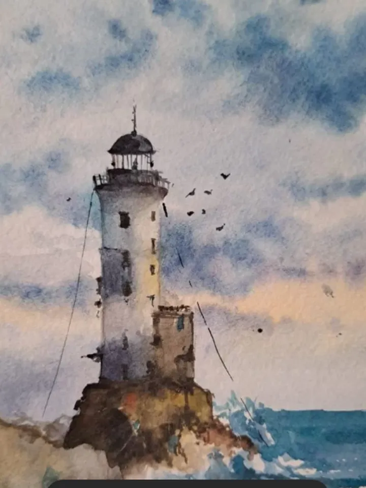 Framed painting "Morning at the lighthouse", watercolor, size 27 cm by 20 cm