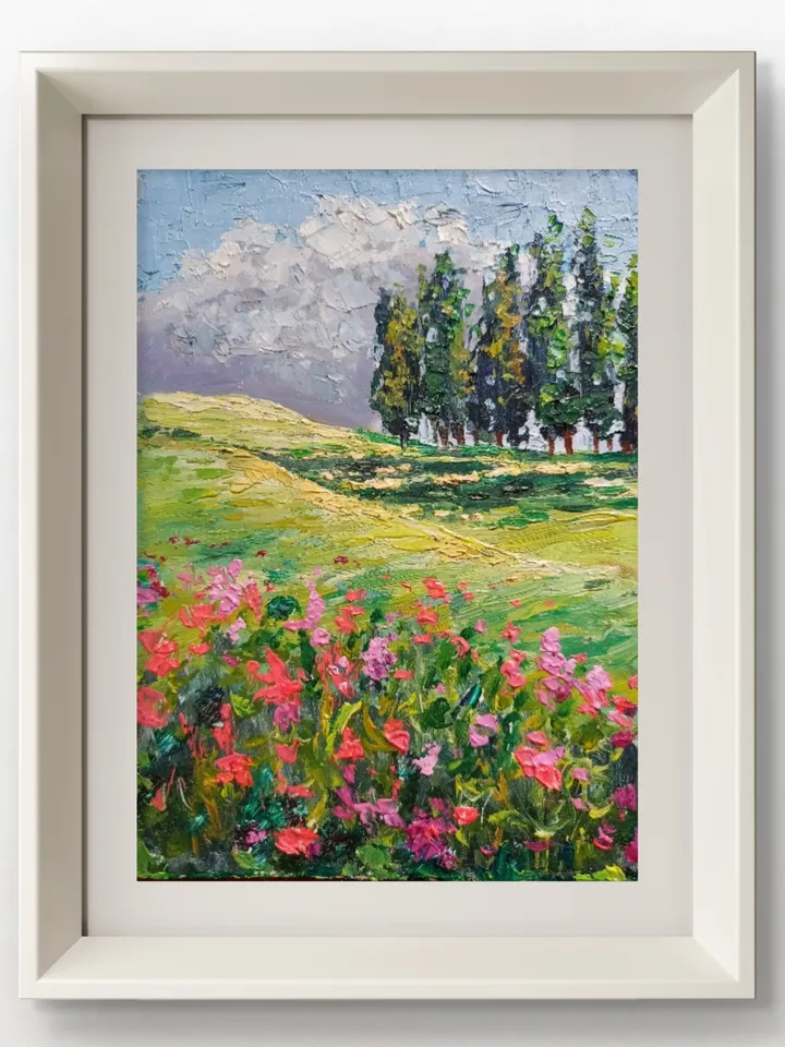 Oil painting panoramic landscape nature original painting,panoramic scenery meadow impasto painting Meadow art poppy field Gifts art impast