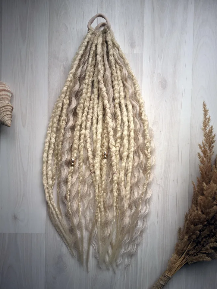 Blonde Dreads with Loose Waves on Elastic Hair Ties Featuring Curly Accents and Gold Beads for Boho Beach or Festival Styles