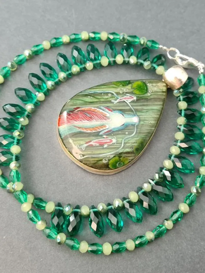 Dragon necklace with koi Miniature painting Labradorite pendant Witchy necklace