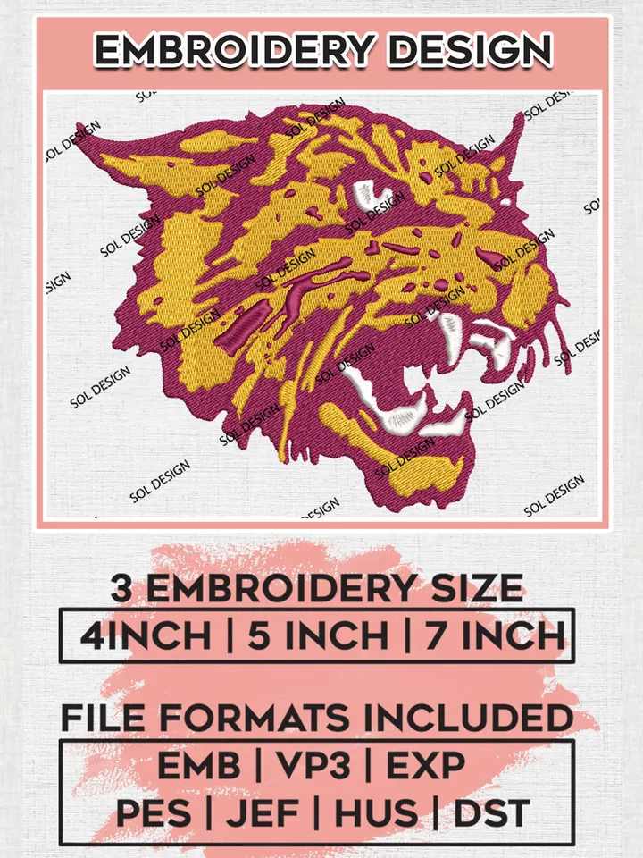 Bethune Cookman Wildcats Team Head Mascot Logo Embroidery Design Files, NCAA Bethune Cookman Wildcats Machine Embroidery, NCAA Teams, 3 sizes, NCAA Machine embroidery designs, Digital Download
